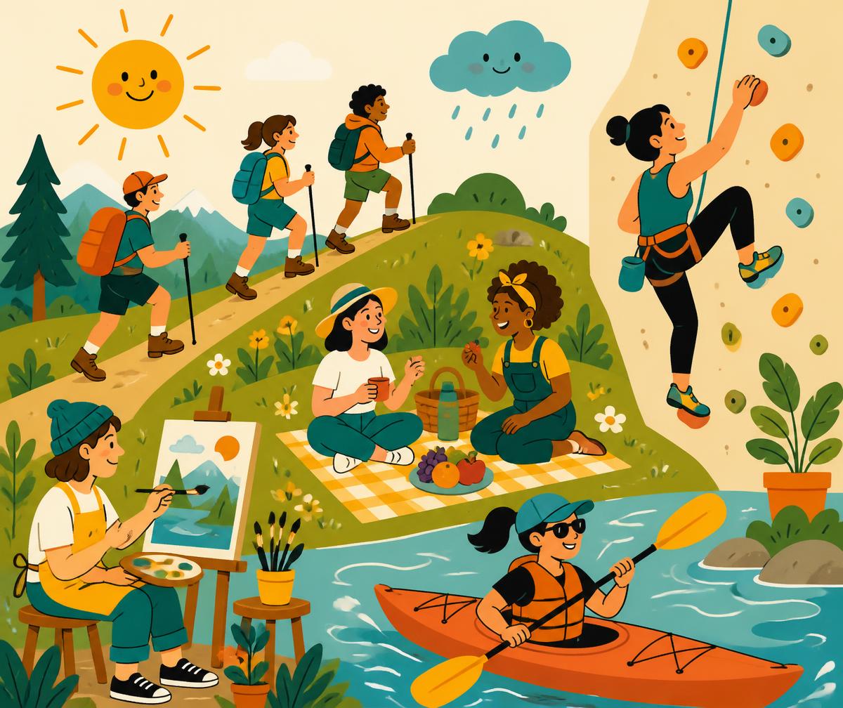 Illustrated collage of people hiking, climbing, painting and picnicking under changing weather